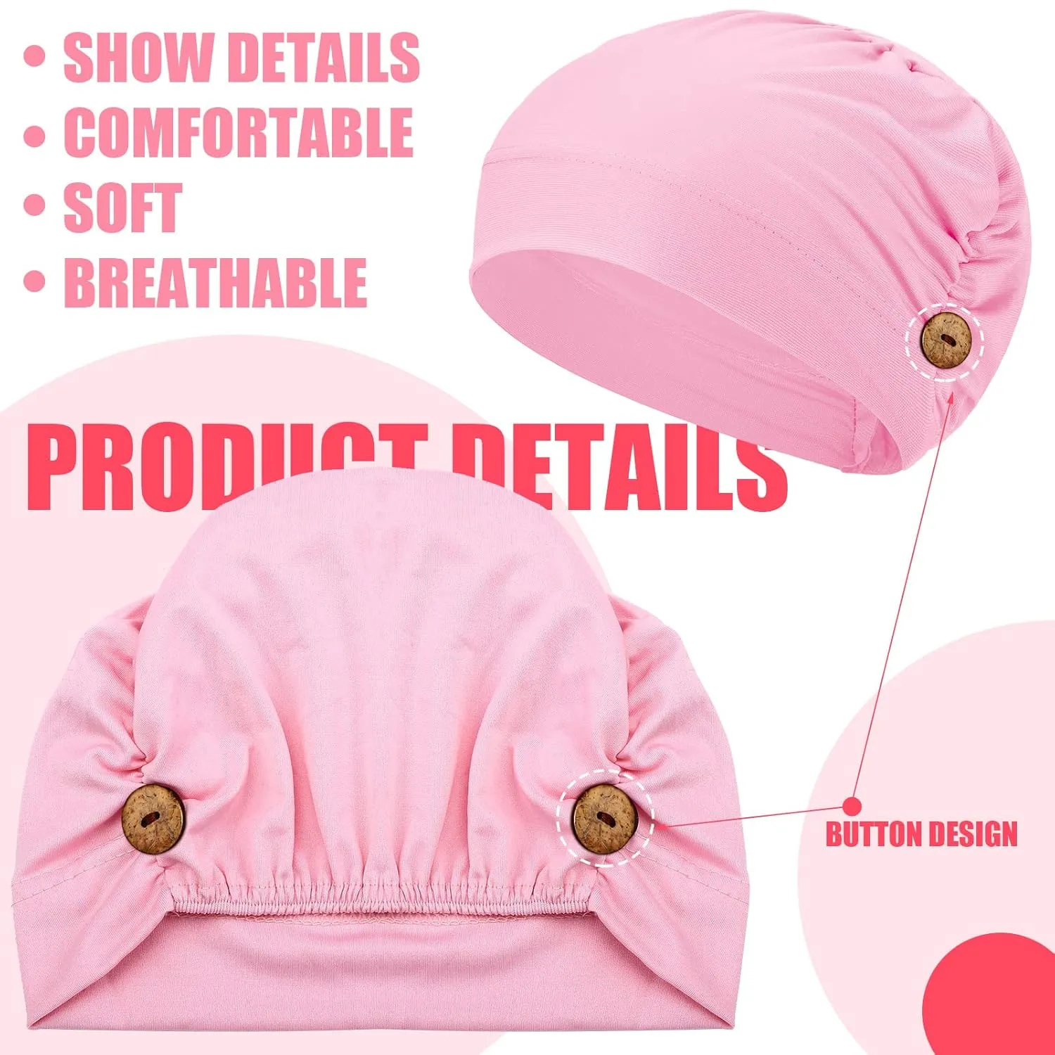 10 Pcs Soft Bouffant Caps with Buttons, Gourd-shape Caps Stretch Bouffant Hat Stretchy Headband Turban (Stylish Colors)