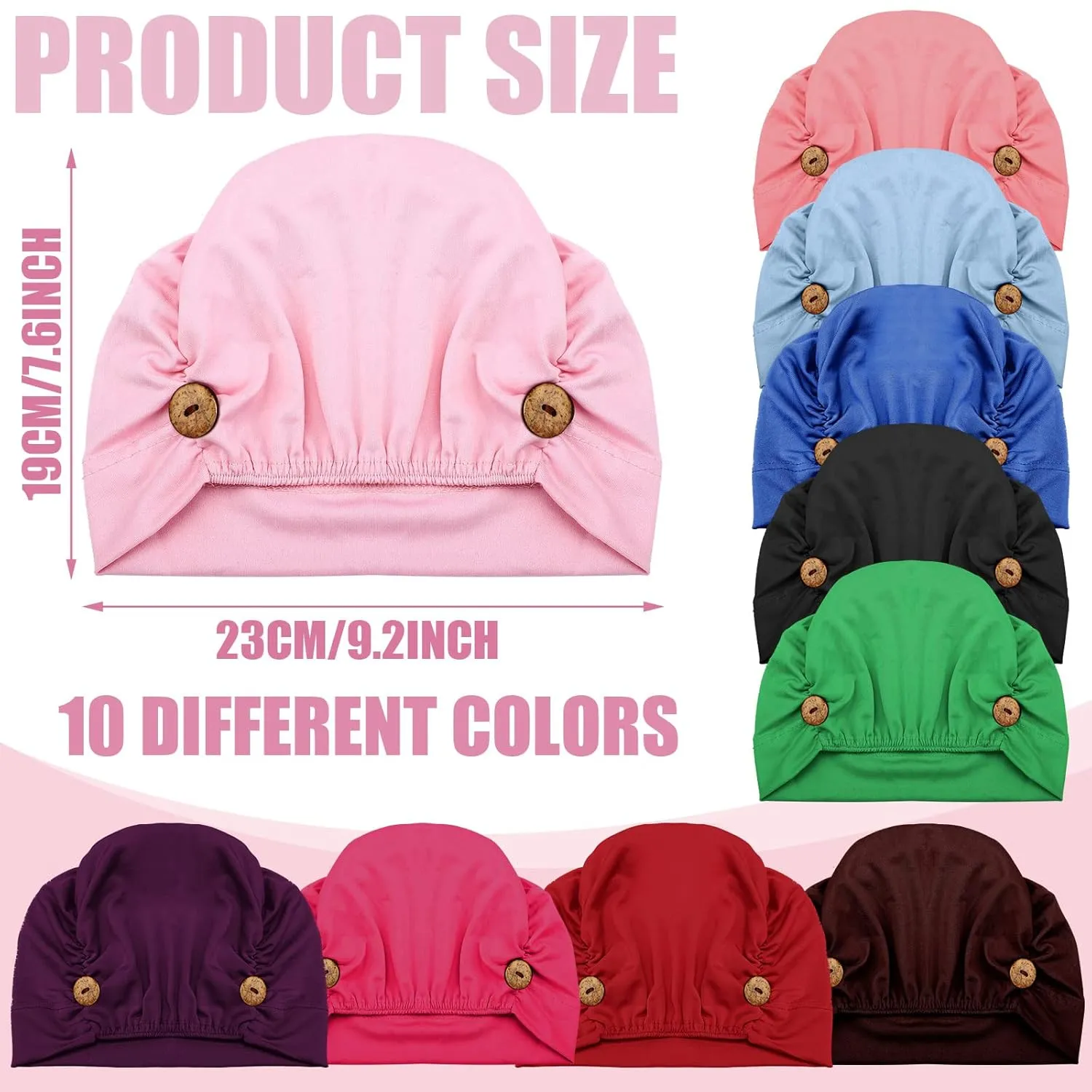 10 Pcs Soft Bouffant Caps with Buttons, Gourd-shape Caps Stretch Bouffant Hat Stretchy Headband Turban (Stylish Colors)