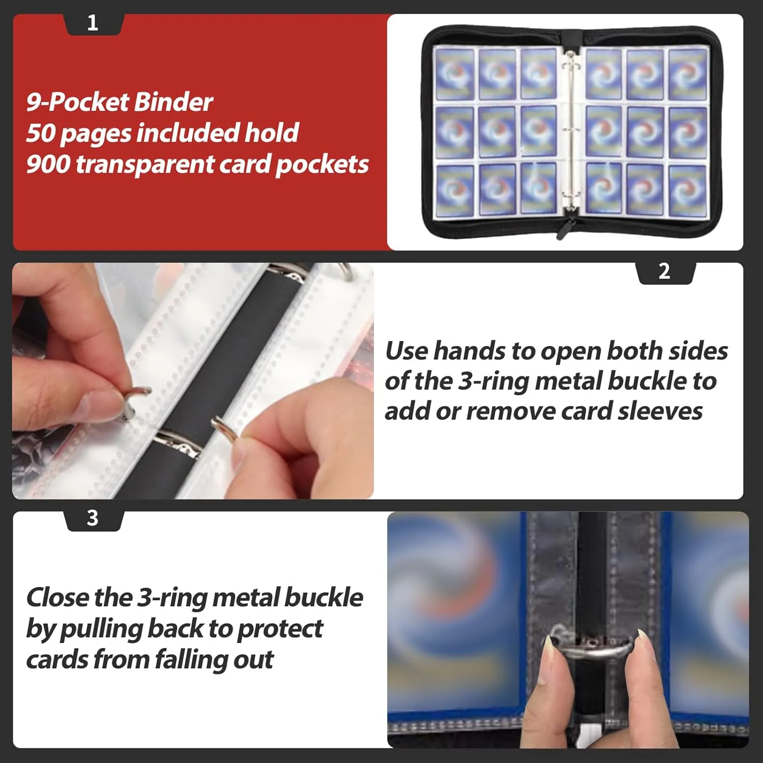 3 Ring Card binder with 50 Removable Sleeves, 9 Pocket Top Loader Binders Fits 900 Cards Collection Albums, Waterproof Trading Binders for Game Cards, Sports Cards, Baseball Cards