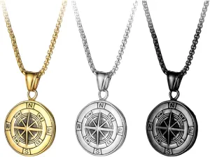 3Pack Set Unisex Stainless Steel Compass Pendant Necklace for Men Women,Titanium Steel Black,Gold and Silver Color Compass Amulet Round Charm Jewelry Chain Protection Necklace for Mens Women,24inch Chain