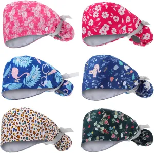 6 Pcs Satin Lined Scrub Caps Women Ponytail Nurse Surgical Hat Button Sweatband Working Adjustable Pouch Tie Back