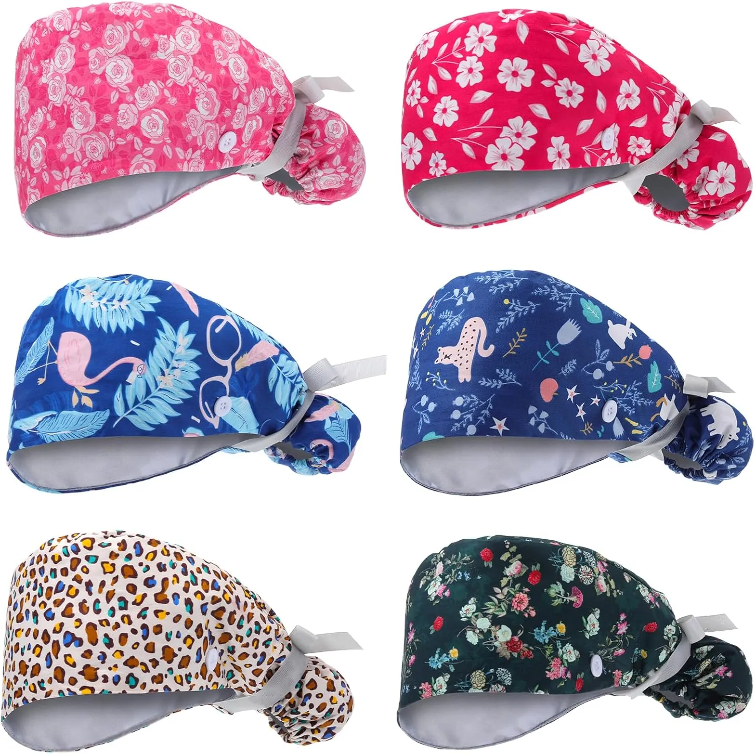 6 Pcs Satin Lined Scrub Caps Women Ponytail Nurse Surgical Hat Button Sweatband Working Adjustable Pouch Tie Back