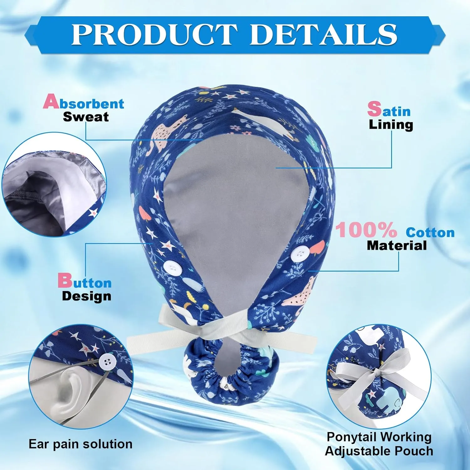 6 Pcs Satin Lined Scrub Caps Women Ponytail Nurse Surgical Hat Button Sweatband Working Adjustable Pouch Tie Back