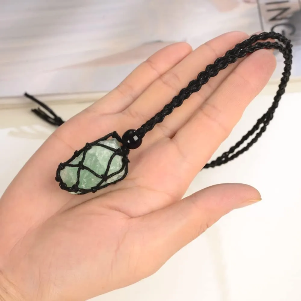Anjiucc Natural Gemstone Crystal Pendant Necklace Stone Holder Necklace Cord Hand-Woven Necklace with Adjustable Length for Women Men