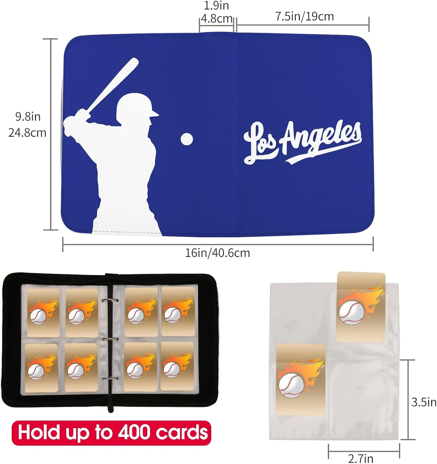 Baseball Card Binder With Sleeves 400 Pocket, Los Angeles Card Holder for Trading Cards, Collector Album Sports 3 Ring Binder Storage Book Folder Organizer for Kids Gift
