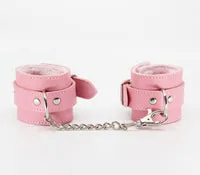 Berlin Baby Faux fur lined vegan leatherette adjustable wrist restraints with detachable chain join Pink and Silver Handcuffs