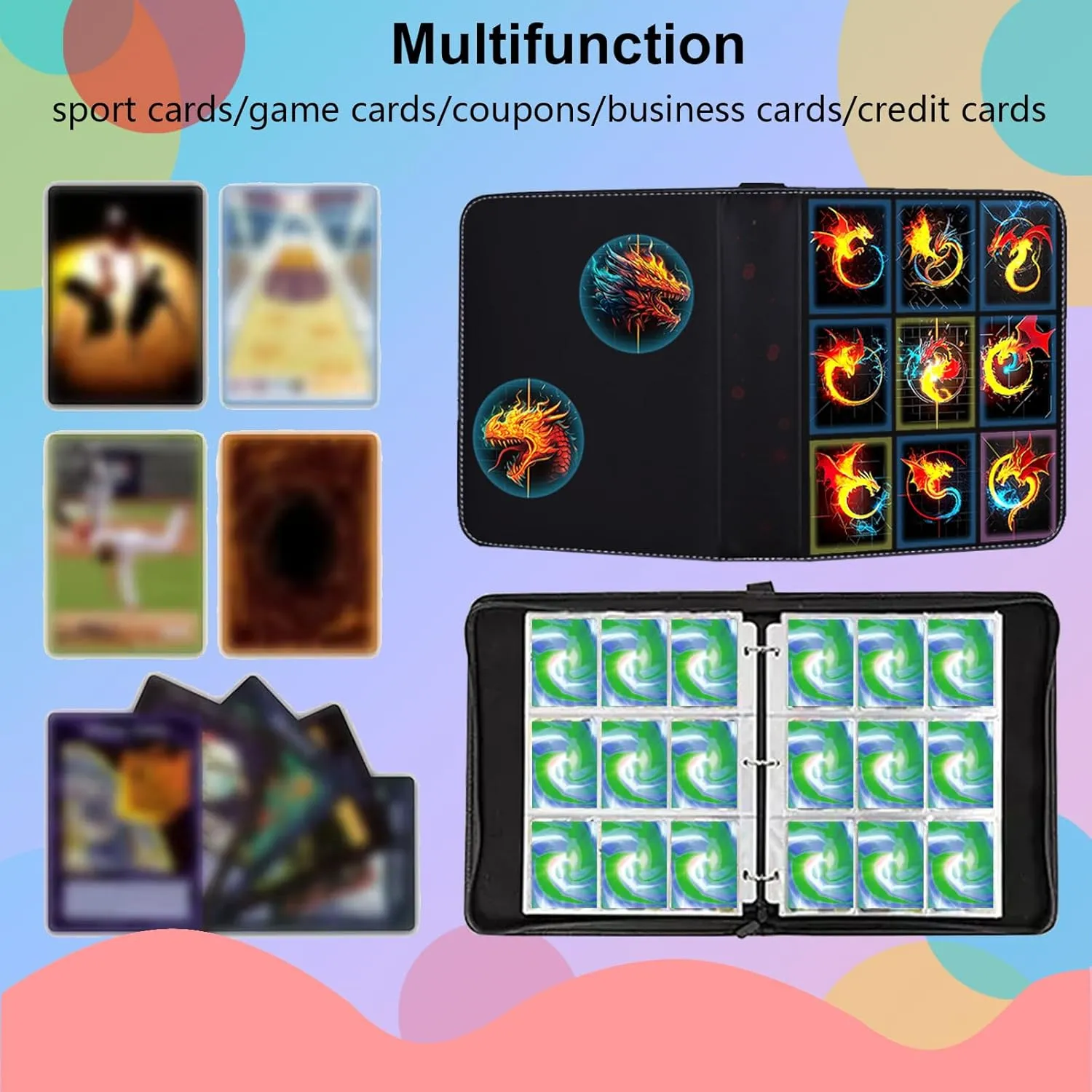 Card Binder-9 Pocket,trading card binder 50 Removable Sleeves,900 Pockets Card Holder Album,PU surface is waterproof and wear-resistant trading card file,Collecting tcg binder cards(Dragon A)