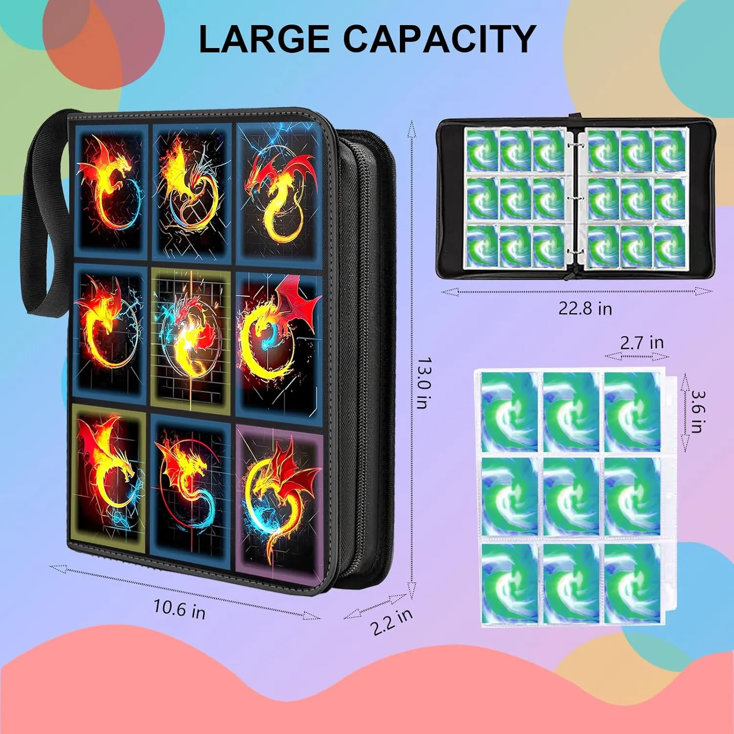 Card Binder-9 Pocket,trading card binder 50 Removable Sleeves,900 Pockets Card Holder Album,PU surface is waterproof and wear-resistant trading card file,Collecting tcg binder cards(Dragon A)