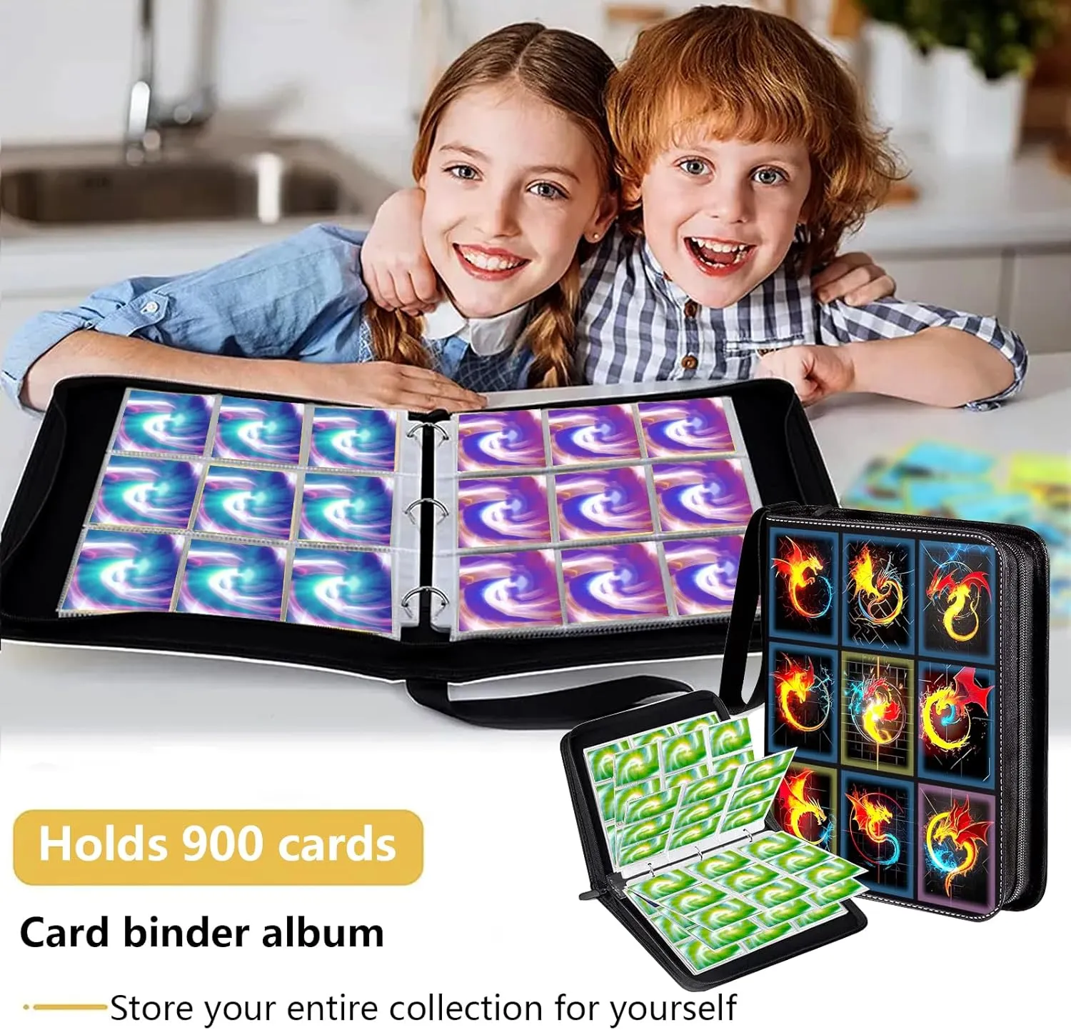 Card Binder-9 Pocket,trading card binder 50 Removable Sleeves,900 Pockets Card Holder Album,PU surface is waterproof and wear-resistant trading card file,Collecting tcg binder cards(Dragon A)
