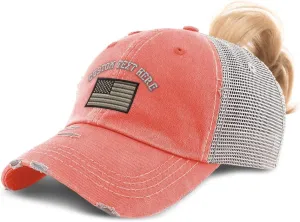 Custom Womens Ponytail Cap Black White American Flag Embroidery Cotton