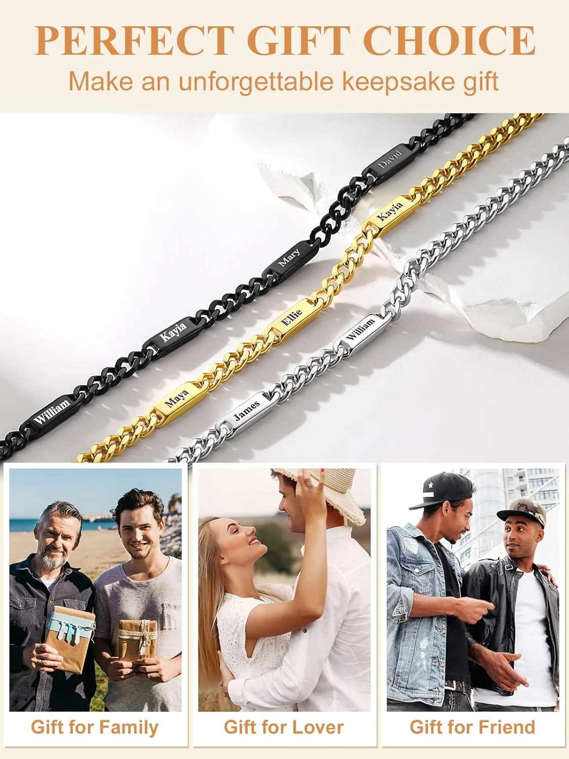 Custom4U Personalized Stainless Steel Cuban Link Chain for Men Women, 5mm/7mm Width Engraving 1-5 Names Cuban Chain Necklace, Steel/14K Gold Plated/Black Fathers Day Gift Hip Hop Jewelry Send Gift Box