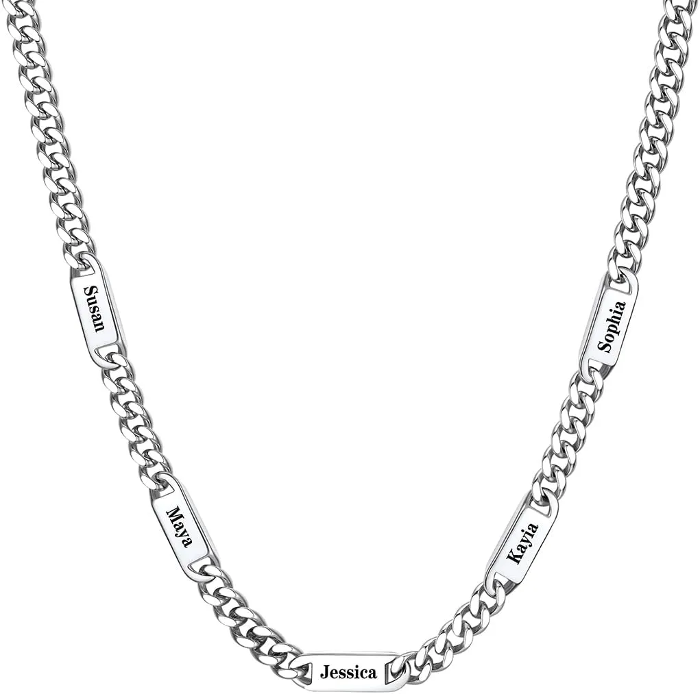 Custom4U Personalized Stainless Steel Cuban Link Chain for Men Women, 5mm/7mm Width Engraving 1-5 Names Cuban Chain Necklace, Steel/14K Gold Plated/Black Fathers Day Gift Hip Hop Jewelry Send Gift Box