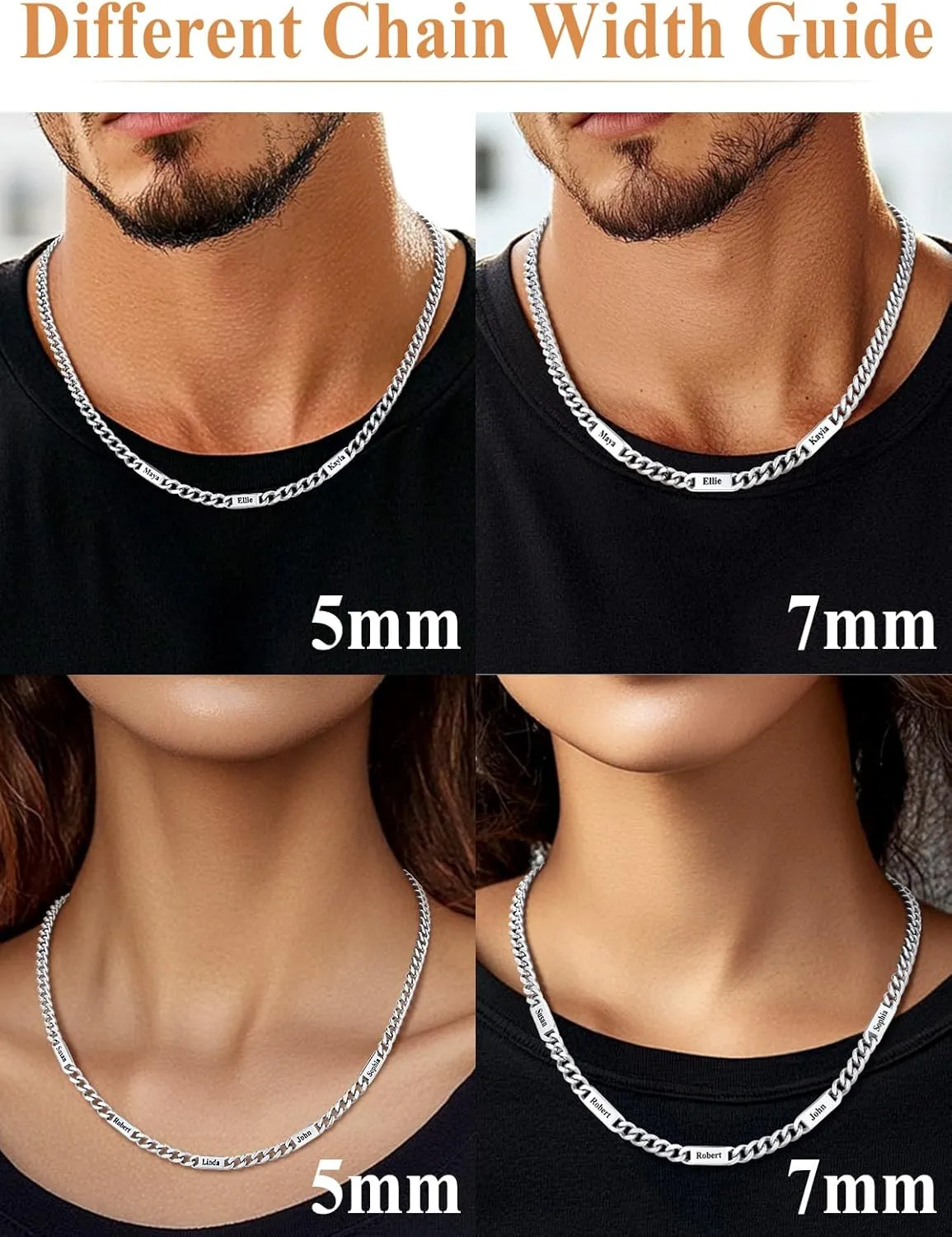 Custom4U Personalized Stainless Steel Cuban Link Chain for Men Women, 5mm/7mm Width Engraving 1-5 Names Cuban Chain Necklace, Steel/14K Gold Plated/Black Fathers Day Gift Hip Hop Jewelry Send Gift Box