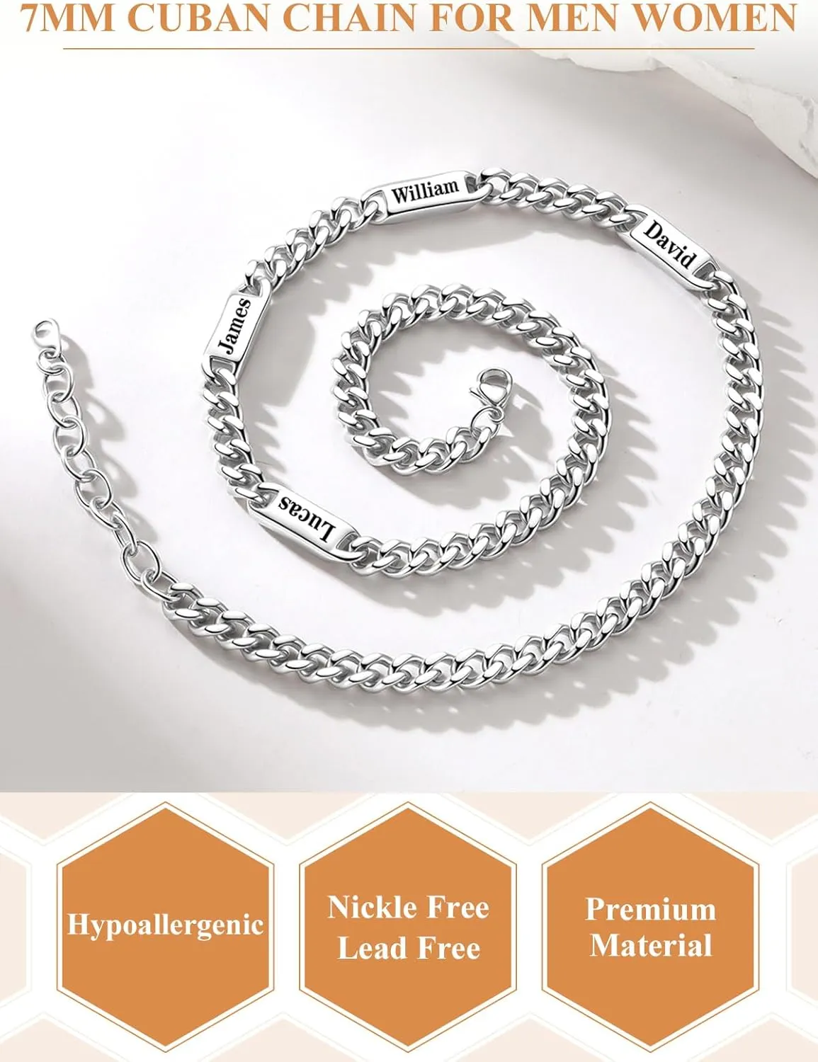 Custom4U Personalized Stainless Steel Cuban Link Chain for Men Women, 5mm/7mm Width Engraving 1-5 Names Cuban Chain Necklace, Steel/14K Gold Plated/Black Fathers Day Gift Hip Hop Jewelry Send Gift Box