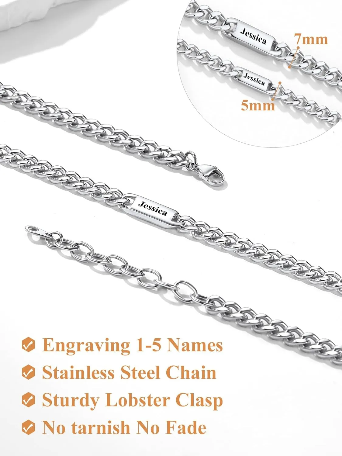 Custom4U Personalized Stainless Steel Cuban Link Chain for Men Women, 5mm/7mm Width Engraving 1-5 Names Cuban Chain Necklace, Steel/14K Gold Plated/Black Fathers Day Gift Hip Hop Jewelry Send Gift Box