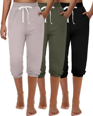 Ficerd 3 Pcs Women's Capri Sweatpants Joggers Summer Casual Sports Cropped Lounge Pants High Waisted Athletic with Pockets
