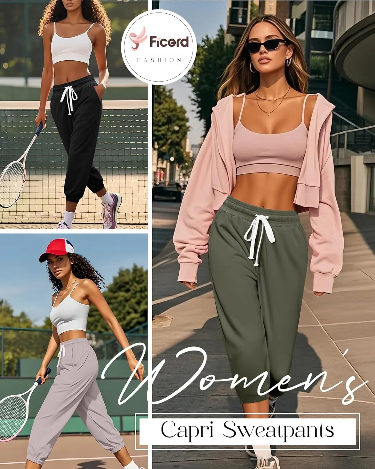 Ficerd 3 Pcs Women's Capri Sweatpants Joggers Summer Casual Sports Cropped Lounge Pants High Waisted Athletic with Pockets