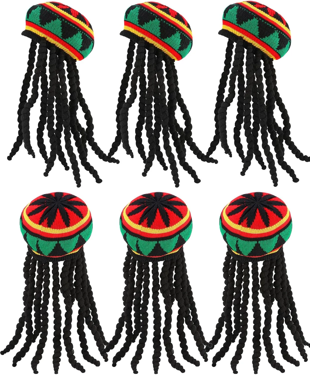 Hicarer 6 Pcs Halloween Rasta Hat with Black Dreadlocks Rasta Wig with Cap Reggae Jamaican Hat with Long Braided Synthetic Hair for Party Costume Accessory