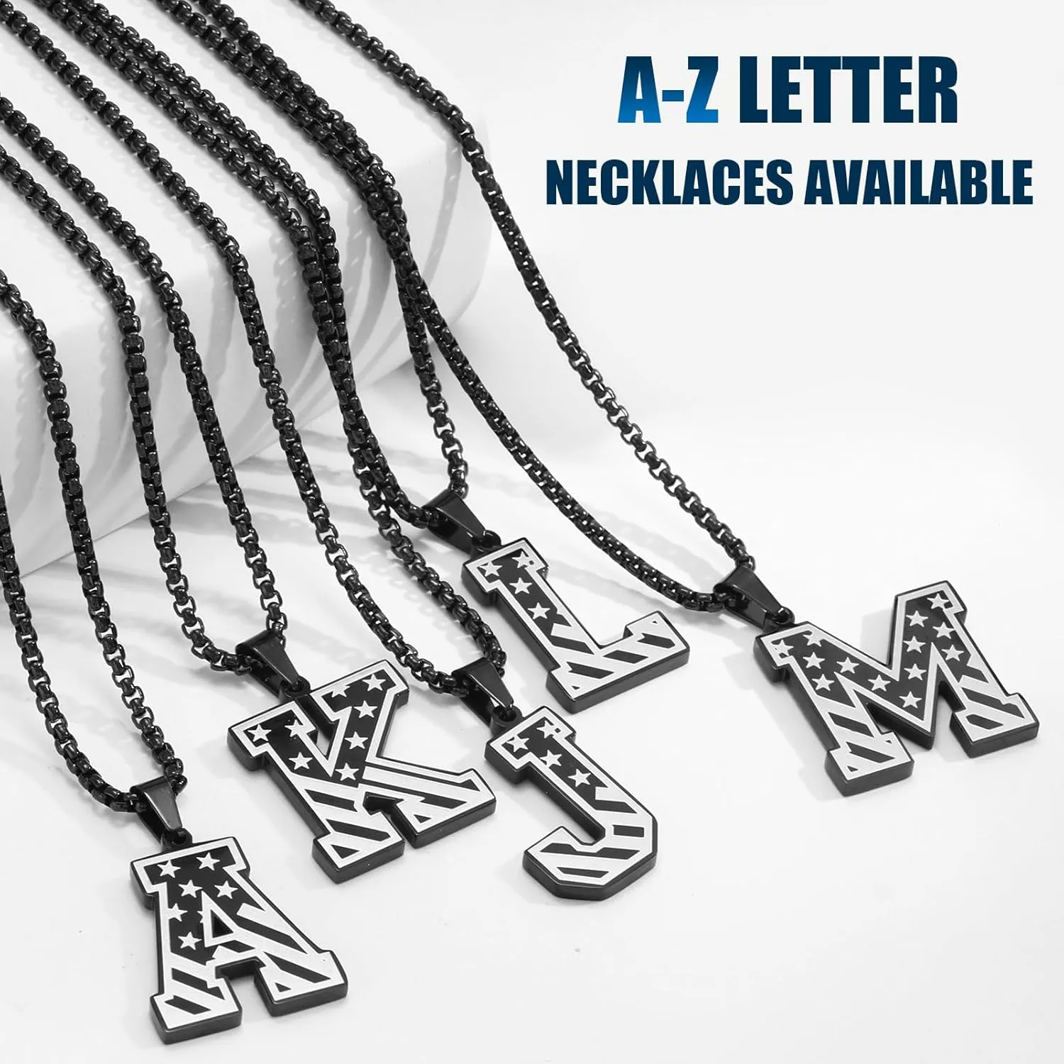 Initial A-Z Necklace for Men- Stainless Steel American Flag Pendant with Adjustable 22 2 Inch Box Chain, Men's Personalized Patriotic Jewelry Gift for Dad Husband Boyfriend