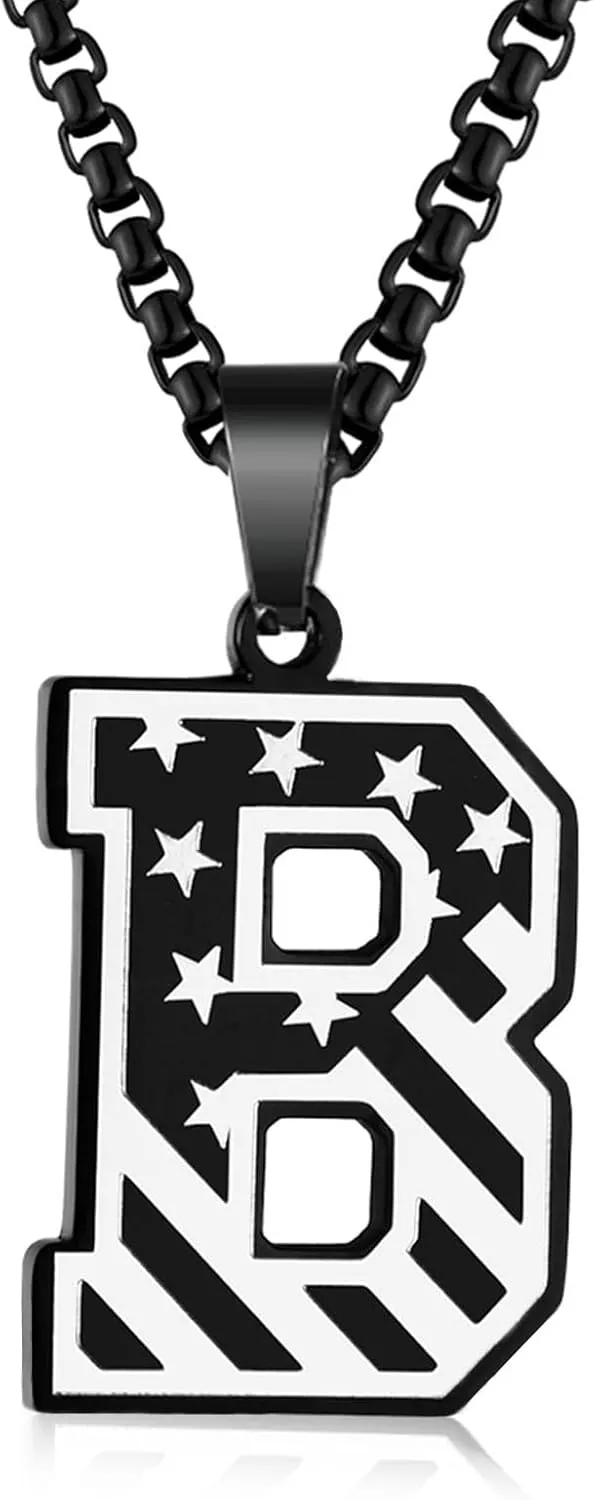 Initial A-Z Necklace for Men- Stainless Steel American Flag Pendant with Adjustable 22 2 Inch Box Chain, Men's Personalized Patriotic Jewelry Gift for Dad Husband Boyfriend