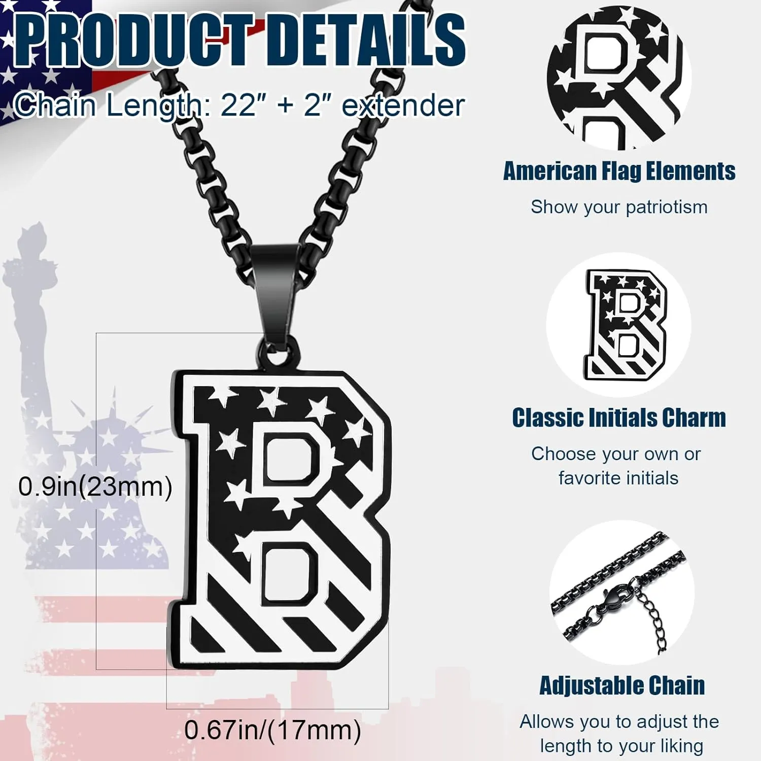 Initial A-Z Necklace for Men- Stainless Steel American Flag Pendant with Adjustable 22 2 Inch Box Chain, Men's Personalized Patriotic Jewelry Gift for Dad Husband Boyfriend