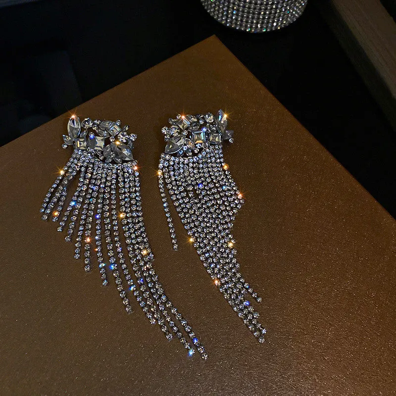 Long Tassel Geometric Drop Crystal Dangle Earrings