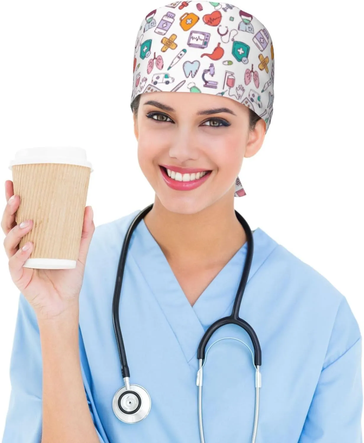 Medical and Health Care Working Caps with Sweatband Adjustable Tie Back Hat Headgear Beanie