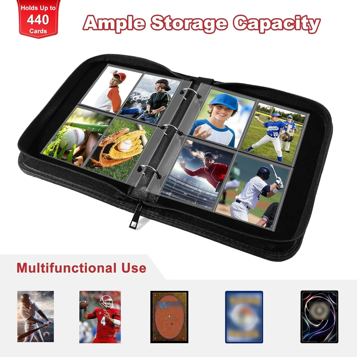 Mlikero Baseball Card Binder 440 Pocket, Trading Card Binder with Card Display Design, Premium Basketball Card Holder with Sports Pattern Wristband Fit for Topps Baseball Cards 2025