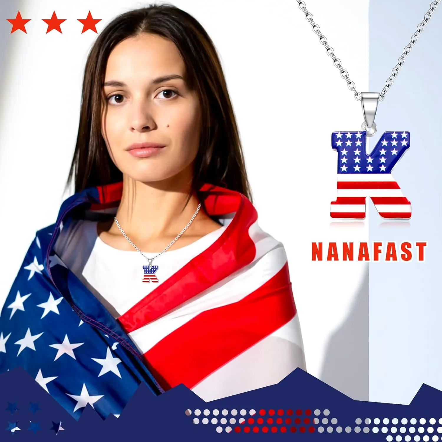 Nanafast USA 4th of July Initial Necklace Stainless Steel Red White Blue Letter Pendant Necklace for Women Men American Flag Patriotic Necklace Jewelry