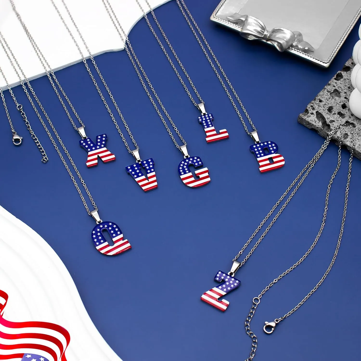 Nanafast USA 4th of July Initial Necklace Stainless Steel Red White Blue Letter Pendant Necklace for Women Men American Flag Patriotic Necklace Jewelry