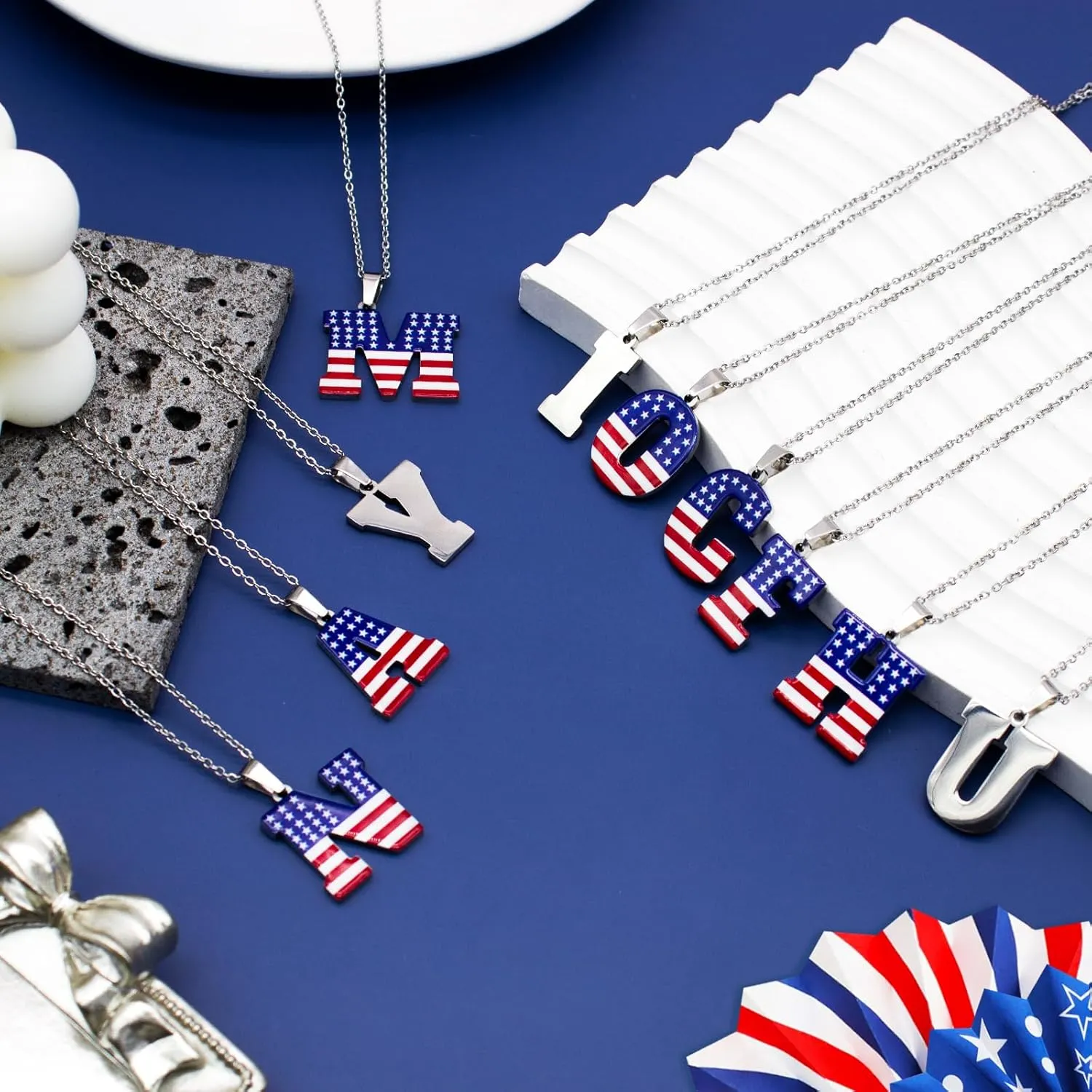 Nanafast USA 4th of July Initial Necklace Stainless Steel Red White Blue Letter Pendant Necklace for Women Men American Flag Patriotic Necklace Jewelry