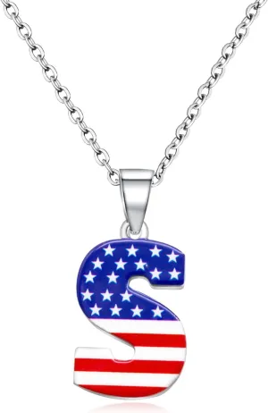 Nanafast USA 4th of July Initial Necklace Stainless Steel Red White Blue Letter Pendant Necklace for Women Men American Flag Patriotic Necklace Jewelry