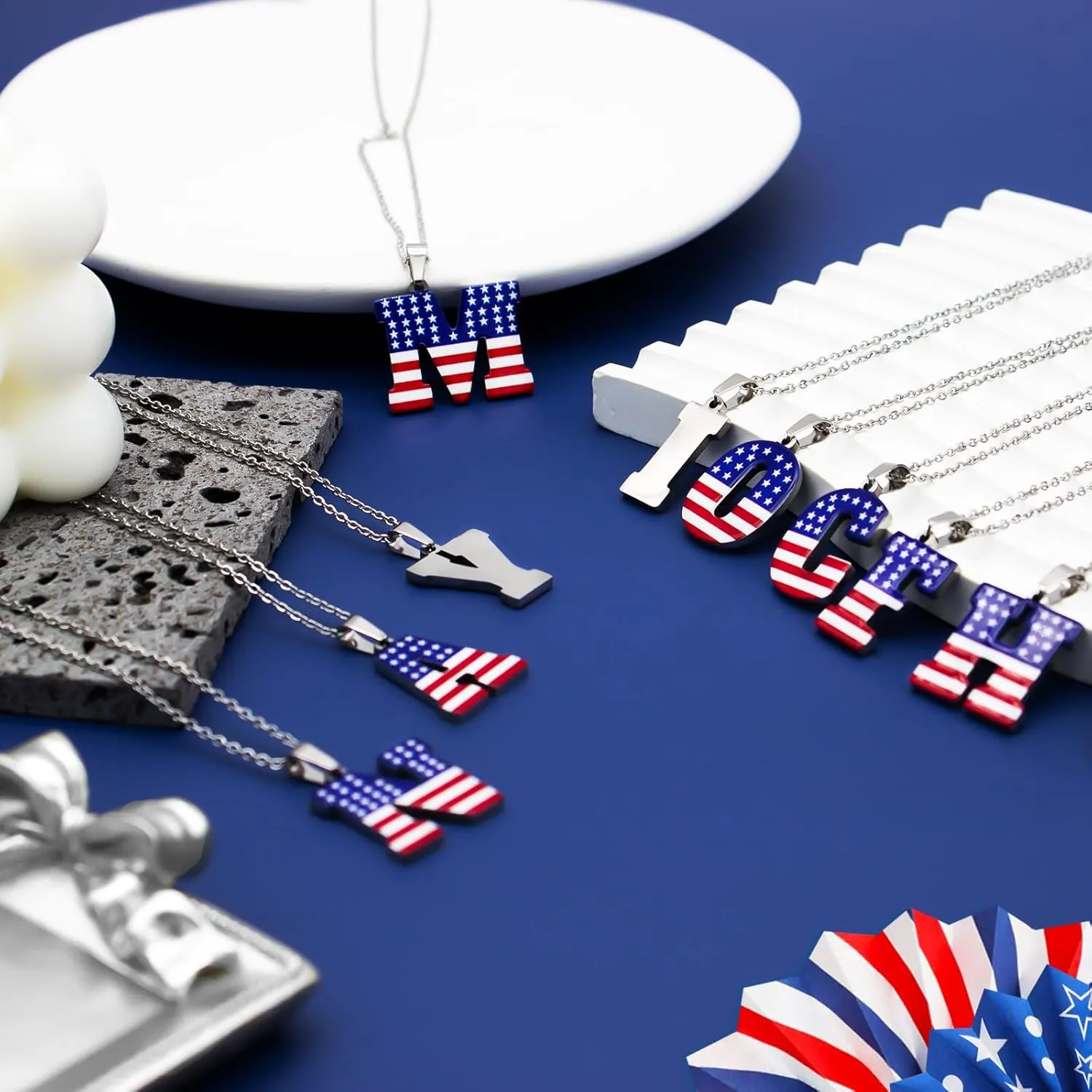 Nanafast USA 4th of July Initial Necklace Stainless Steel Red White Blue Letter Pendant Necklace for Women Men American Flag Patriotic Necklace Jewelry
