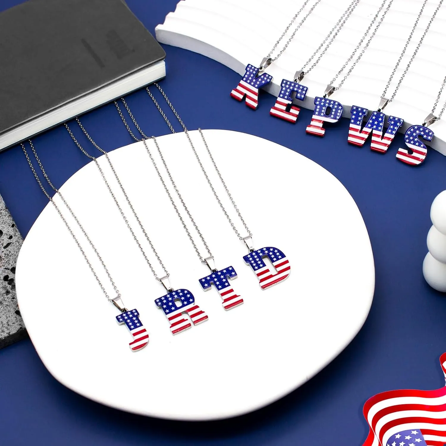 Nanafast USA 4th of July Initial Necklace Stainless Steel Red White Blue Letter Pendant Necklace for Women Men American Flag Patriotic Necklace Jewelry