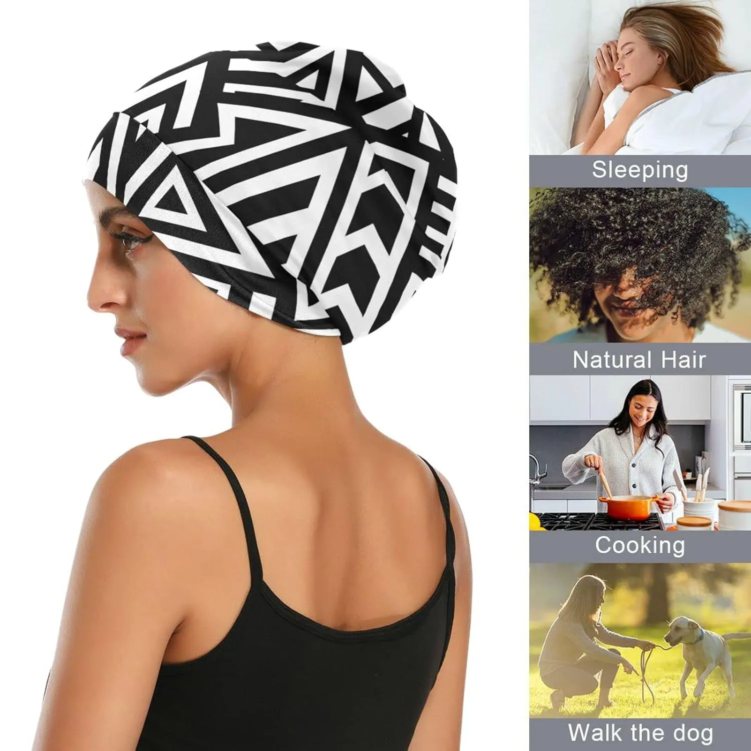 Satin Bonnet Lined Sleep Cap Hair Wrap Cover Slouchy Beanie for Curly Hair Protection for Gifts for Men Women Black and White Punk