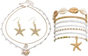 Shell Starfish Necklace Earrings Bracelets Boho Summer Beach Seashell Layered Charm Necklace Beaded Bracelet for Women Holiday Jewelry Set
