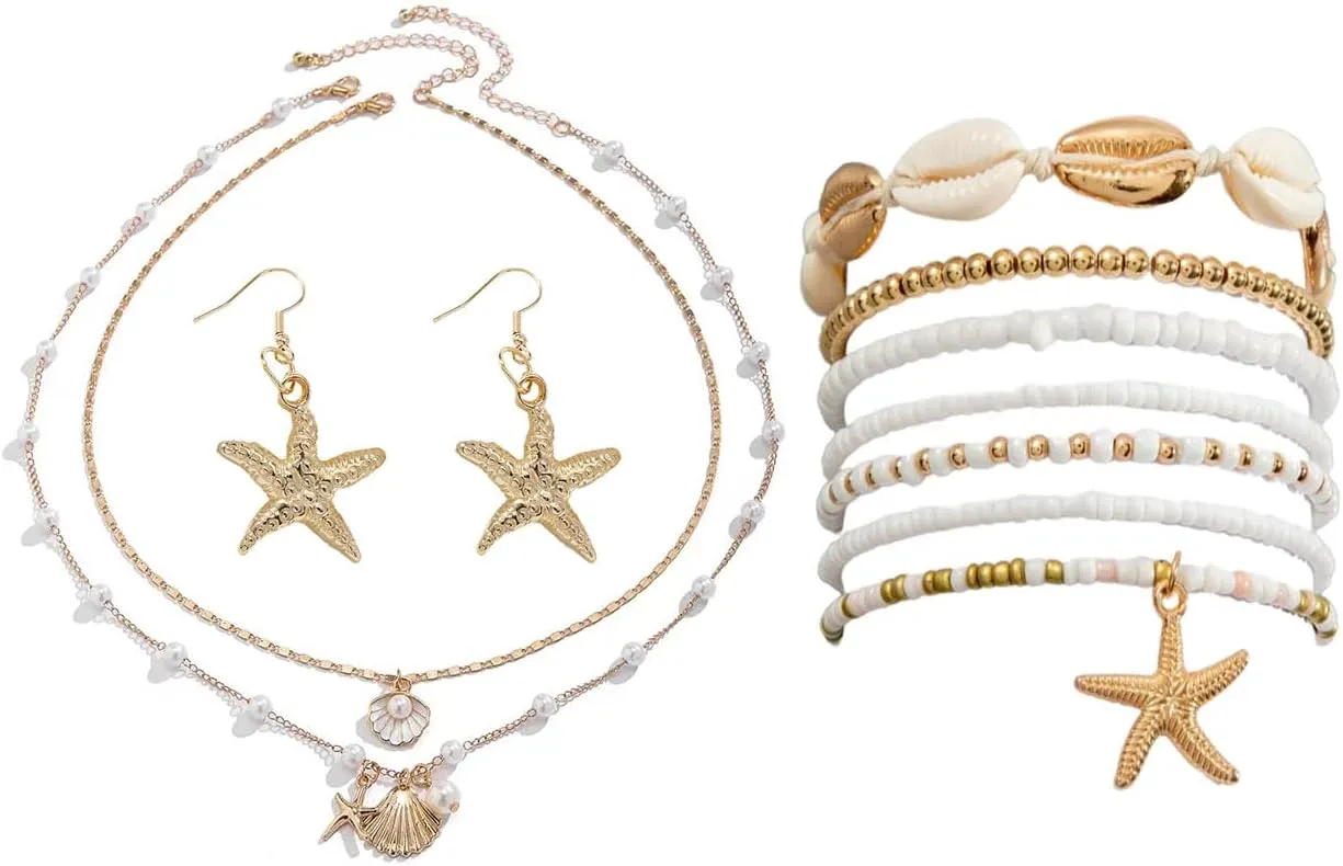 Shell Starfish Necklace Earrings Bracelets Boho Summer Beach Seashell Layered Charm Necklace Beaded Bracelet for Women Holiday Jewelry Set
