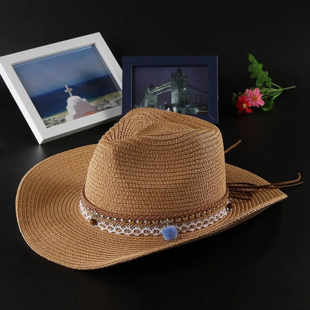 Straw Cowboy Hat for Women Men Girls Roll up Wide Brim Western Cowgirl Summer Beach Sun Hats