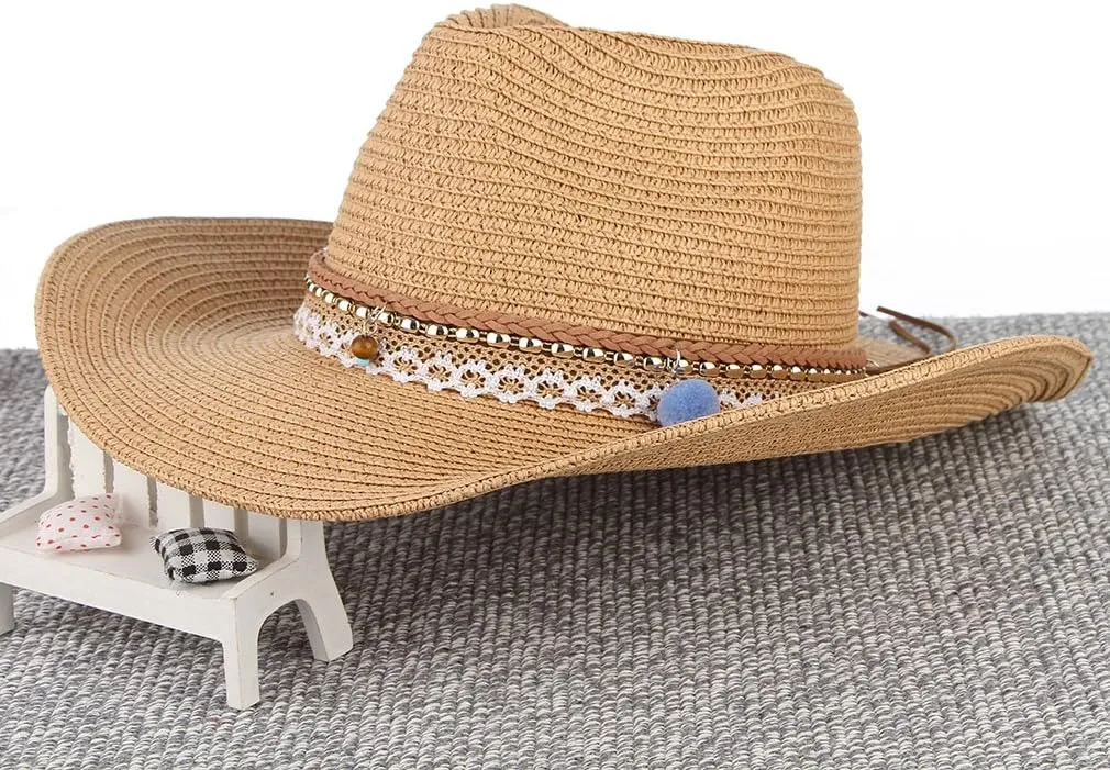Straw Cowboy Hat for Women Men Girls Roll up Wide Brim Western Cowgirl Summer Beach Sun Hats