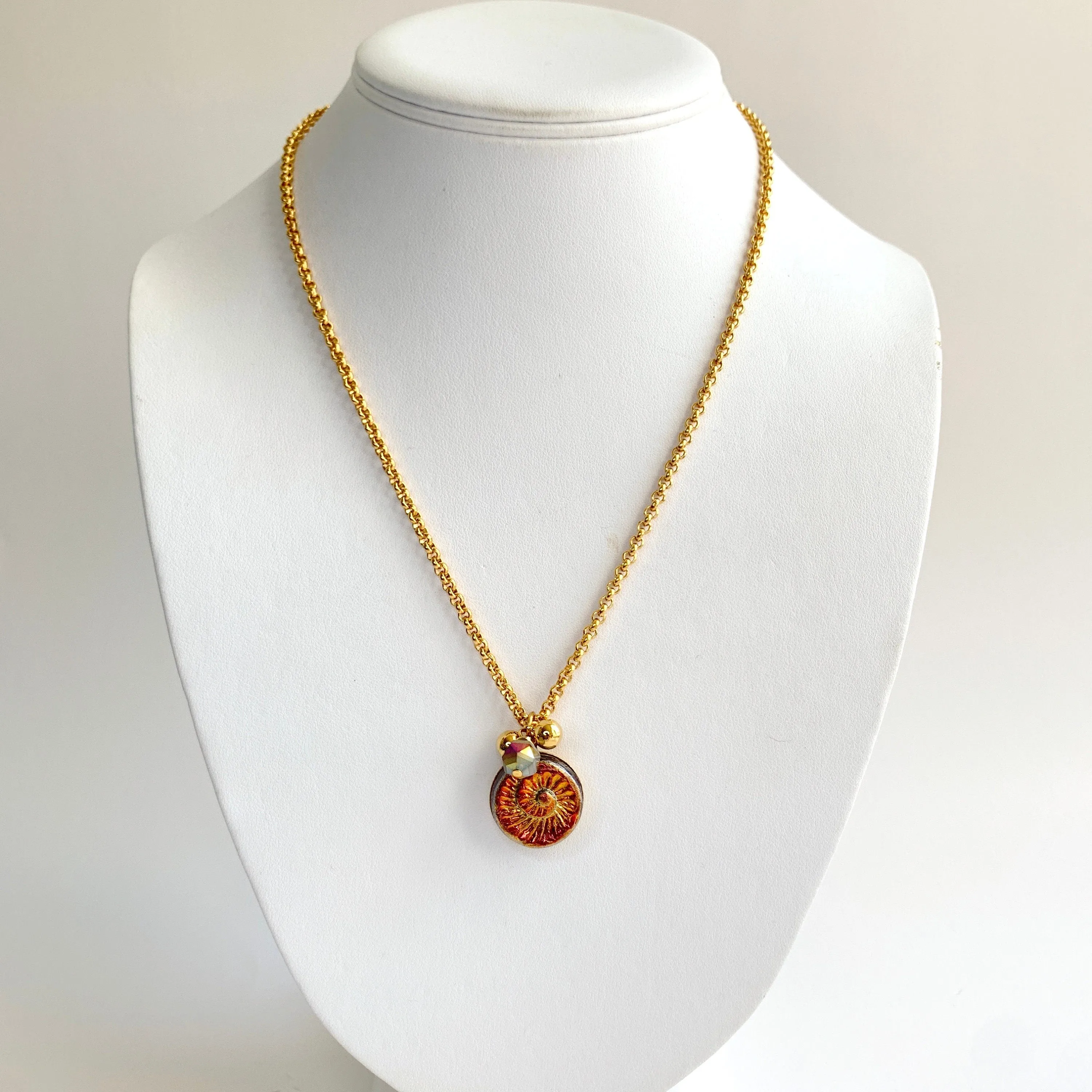Sunset Red Czech Glass Ammonite Pendant Necklace