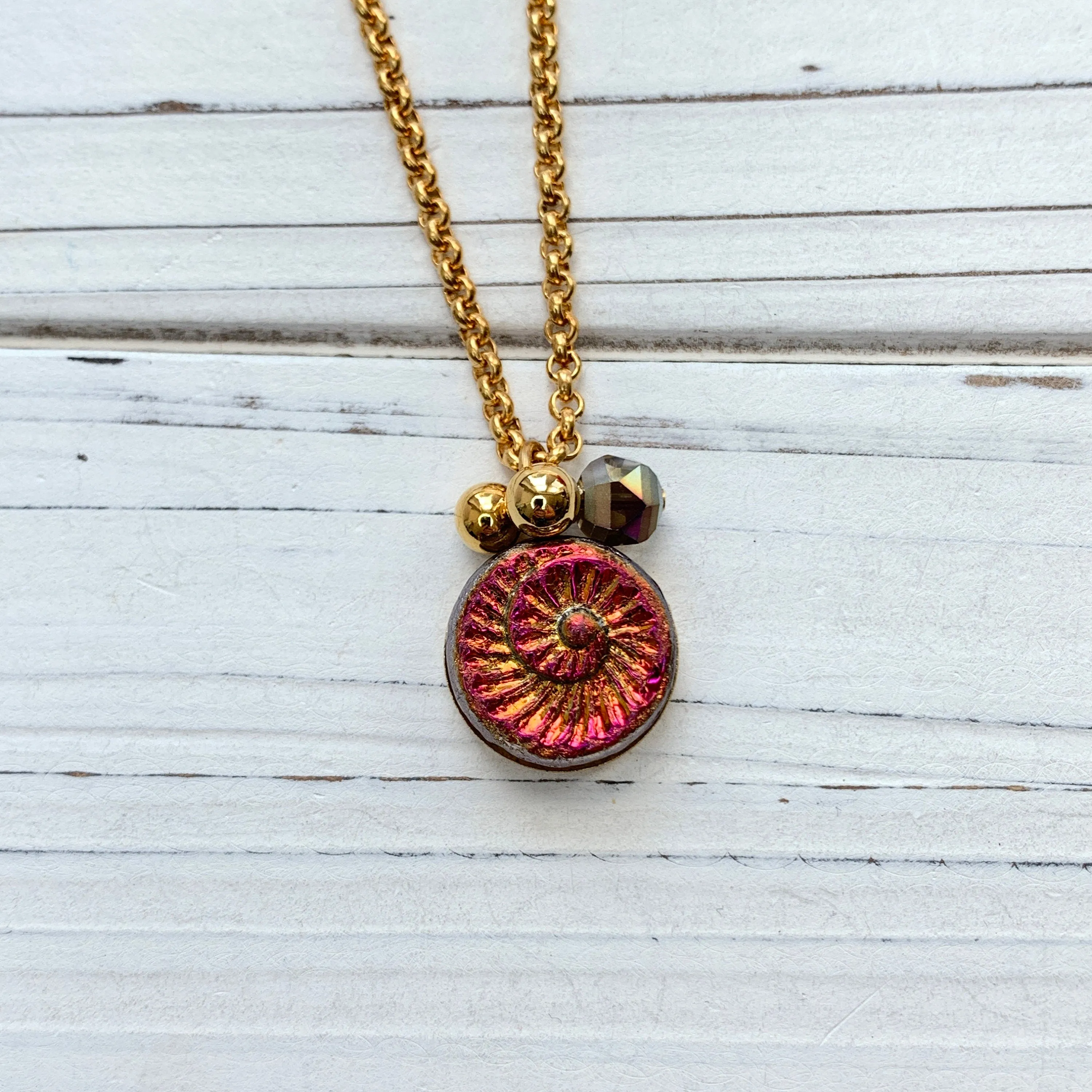 Sunset Red Czech Glass Ammonite Pendant Necklace