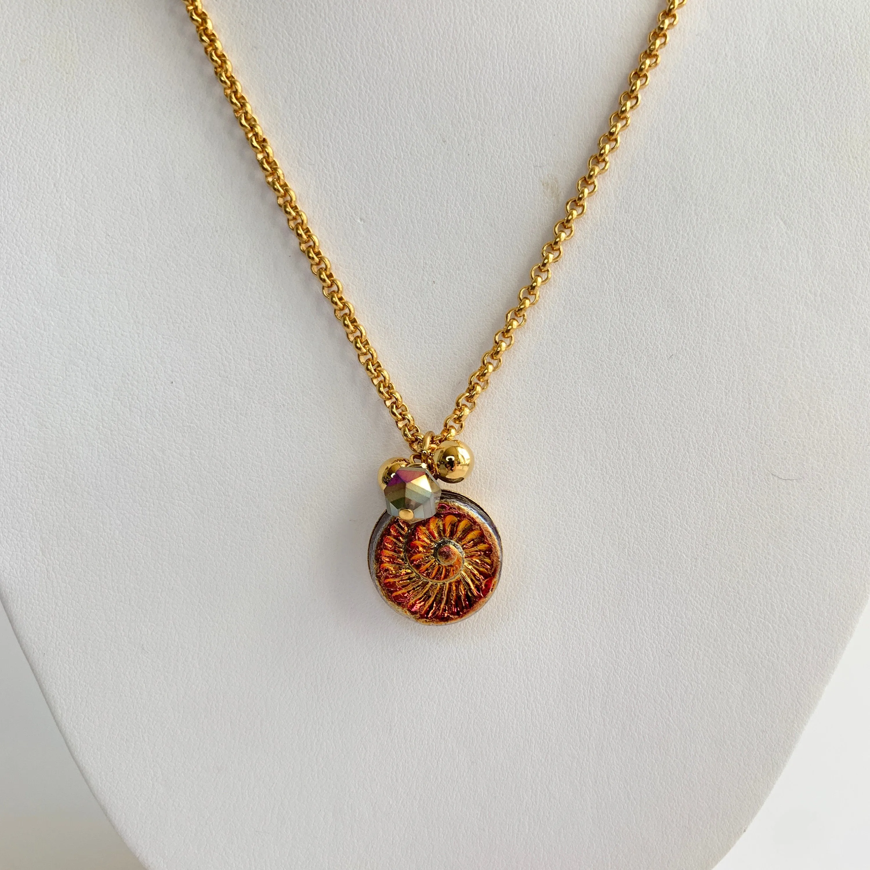 Sunset Red Czech Glass Ammonite Pendant Necklace