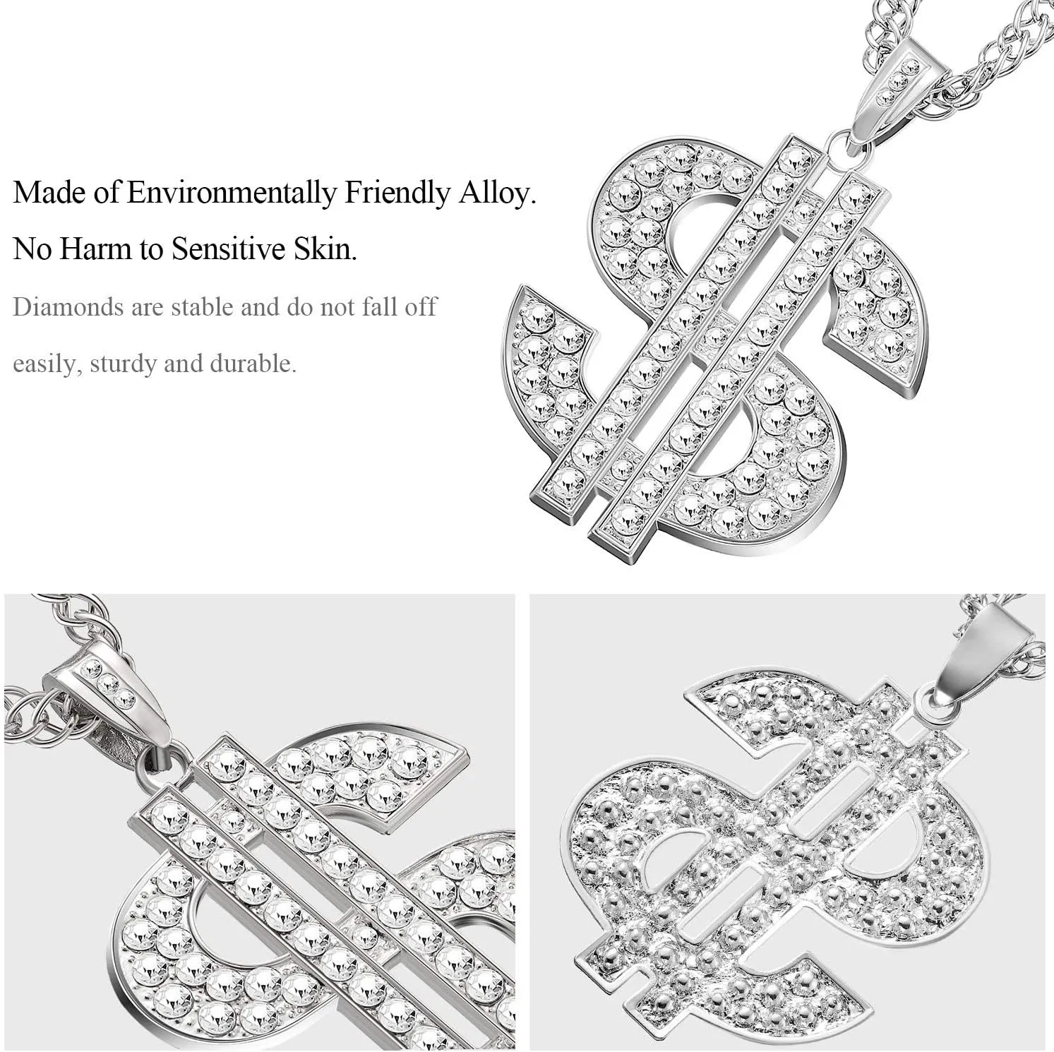 Tatuo 2 Pieces Plated Chain for Men with Dollar Sign Pendant Necklace, Hip Hop Dollar Necklace