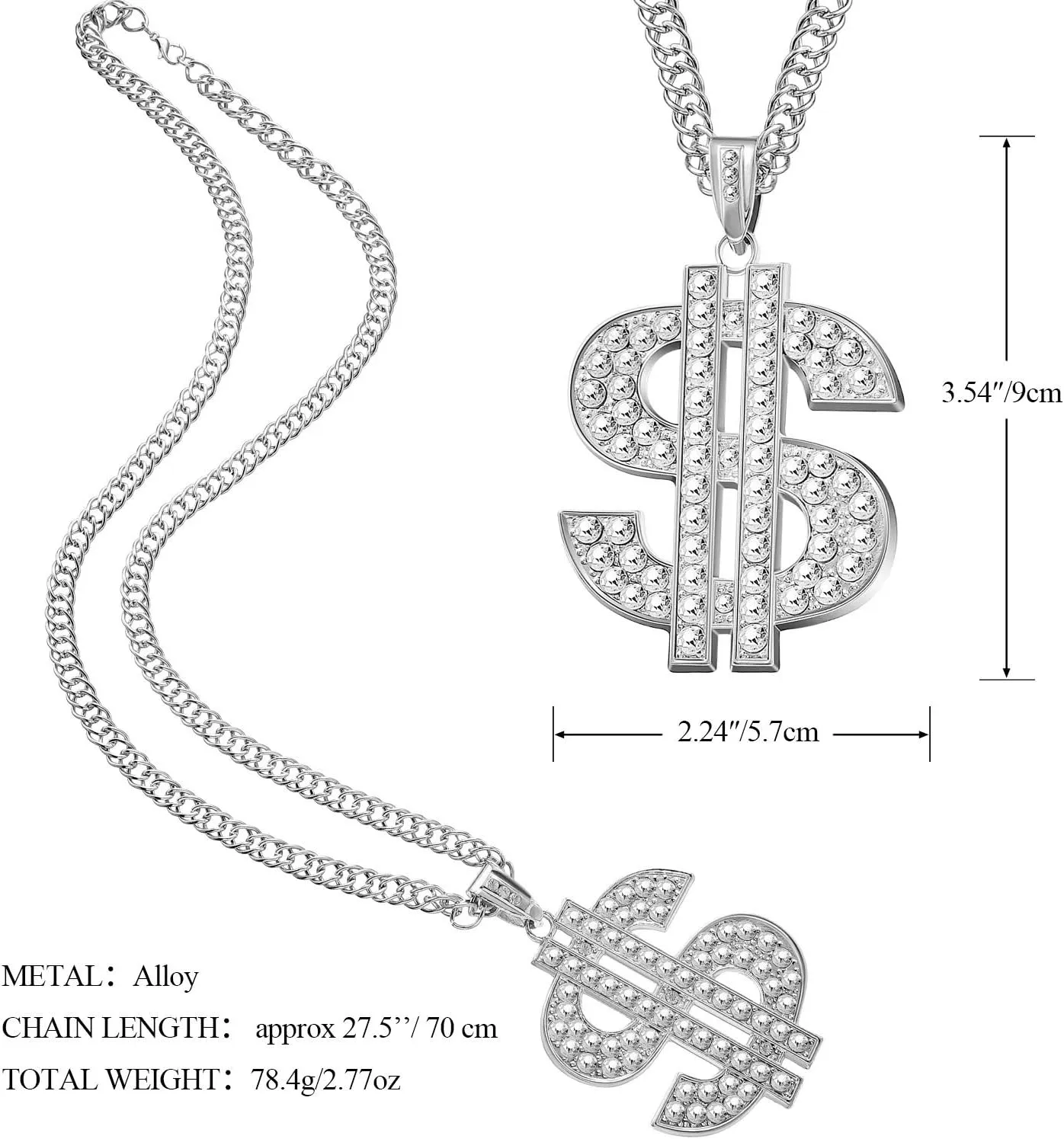 Tatuo 2 Pieces Plated Chain for Men with Dollar Sign Pendant Necklace, Hip Hop Dollar Necklace