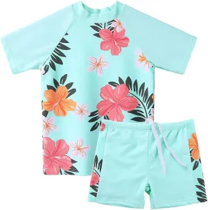 Toddler Girls Rash Guard Short Sleeve Two Piece Swimsuits for Girls Swimwear Kids Surfing Suit UPF 50  3-10 Years