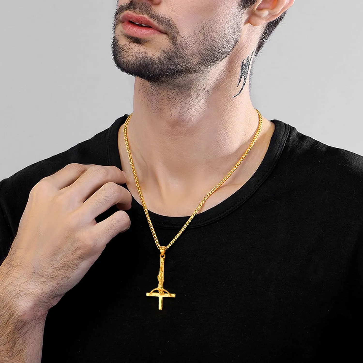 U7 Inverted Cross Necklace, Upside Down Cross Pendant, Stainless Steel Jewelry Devil Necklaces, Baphomet Goat Head Pendant for Men Women