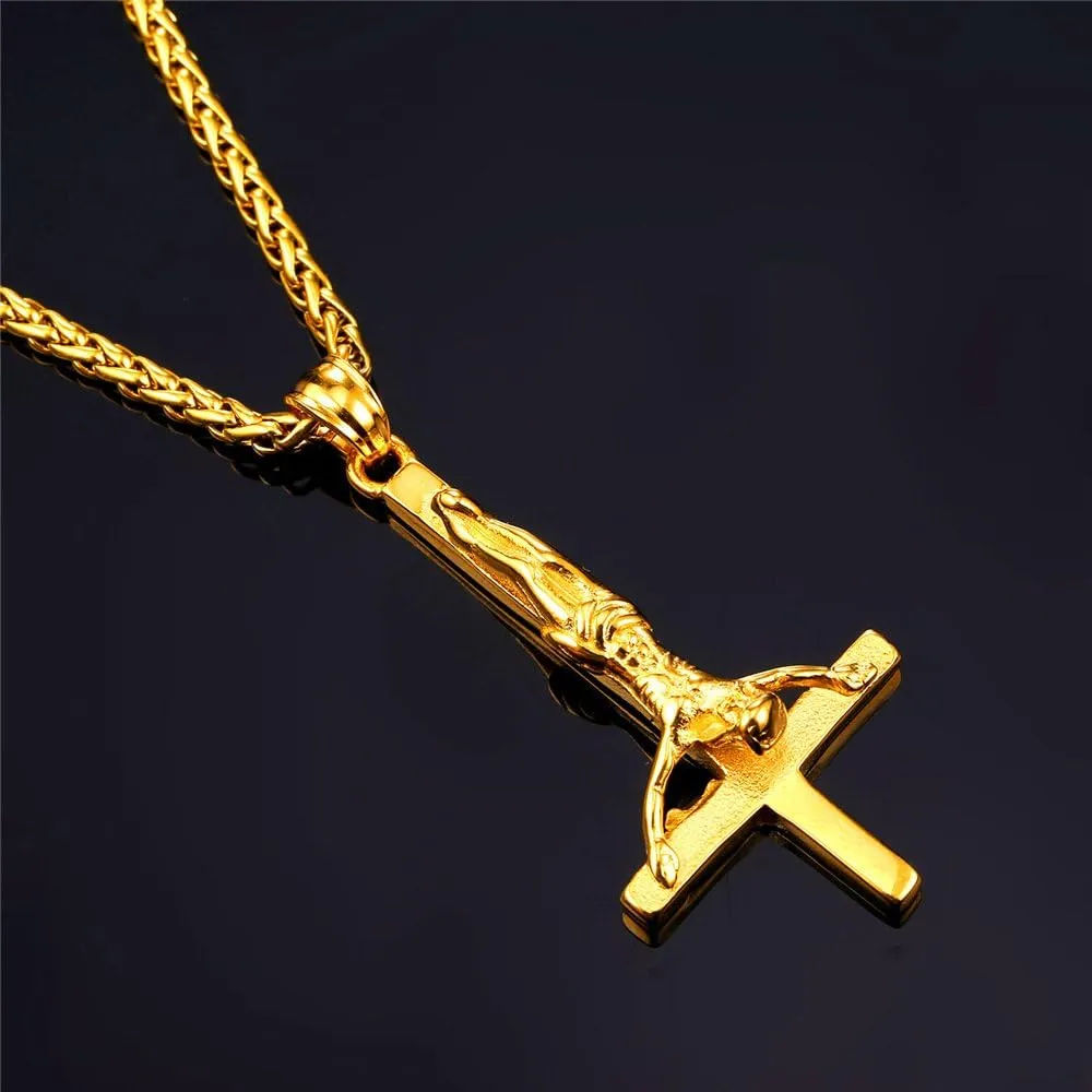 U7 Inverted Cross Necklace, Upside Down Cross Pendant, Stainless Steel Jewelry Devil Necklaces, Baphomet Goat Head Pendant for Men Women