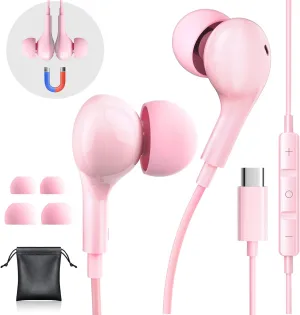 USB C Headphones Wired Earbuds for iPhone 16/15 Pro Max/iPad Pro, with HiFi Mic Volume Control Type C Earphones for Samsung Galaxy S25/S24/S23 Ultra, Noise Cancelling for iPhone 15 Headphones, Pink