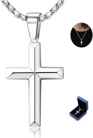 YADOCA 925 Sterling Silver Cross Necklace for Men - 3mm Stainless Steel Box Chain Silver Cross Chains Beveled Edge Crucifix Cross Pendant Necklace Jewelry for Women Mens 16-24 Inches