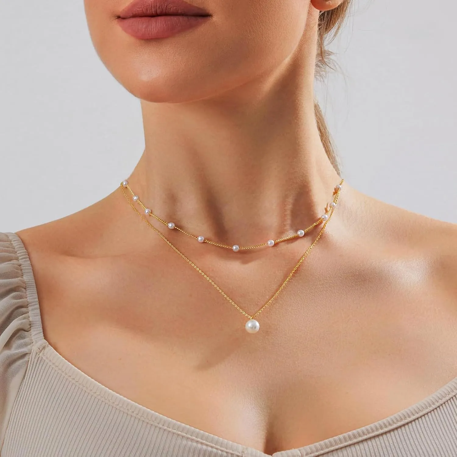 Zeffy Gold Pearl Necklace for Women, Dainty 14K Gold/Silve Plated Layered Pearl Choker Pearl Earrings Pearl Bracelets Wedding Trendy Gold Jewelry Set for Women Gifts
